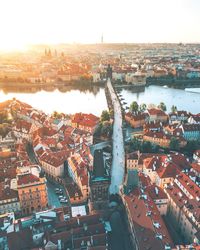 High angle view of city at river