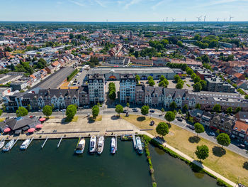 Aerial view with drone of the beautiful city turnhout, as seen from the harbor. 