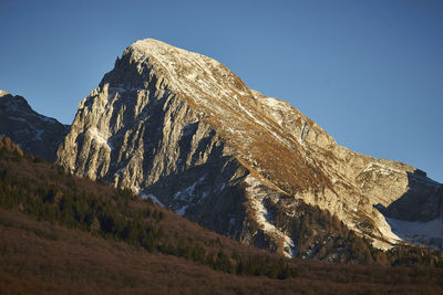 Panoramic view of snowcapped mountains against clear sky