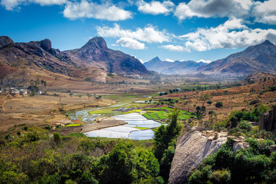 Scenic view of landscape and mountains against sky