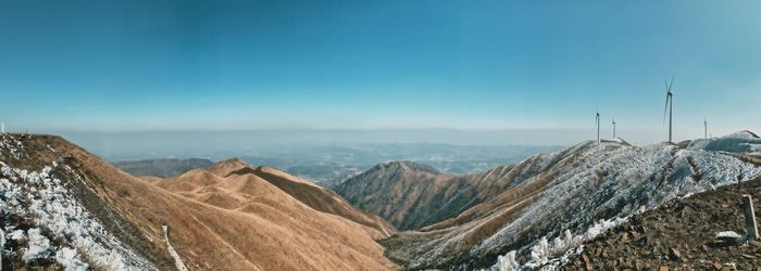 Panoramic view of mountain range against blue sky