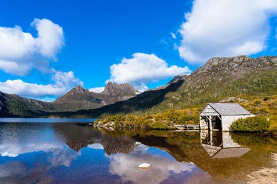 Scenic view of lake and mountains against sky