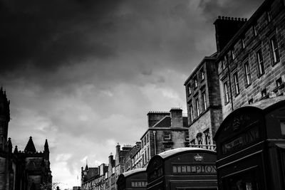 Low angle view of buildings against cloudy sky