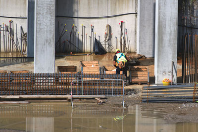 Man working with birds in water