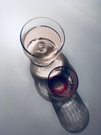 High angle view of water in glass on table