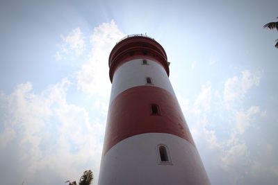 Low angle view of lighthouse by building against sky