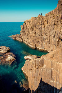 Rock formations by sea against clear blue sky