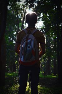 Man standing on tree trunk in forest