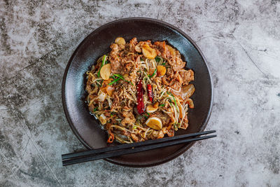 High angle view of meal served on table