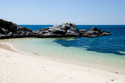 Scenic view of sea against clear blue sky