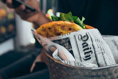 Close-up of pita bread on table, eating street fast delicious food