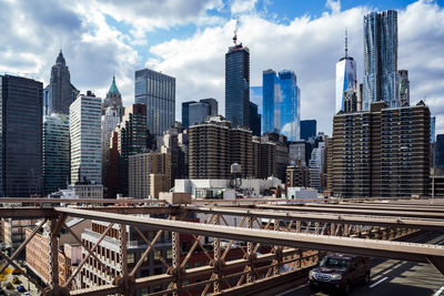 View of the new york skyline from the brooklyn bridge