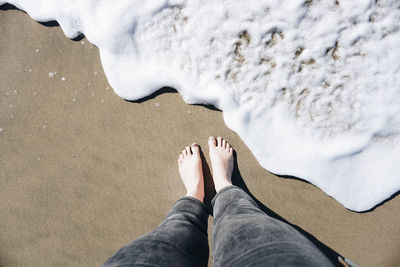 Low section of woman standing on shore at beach