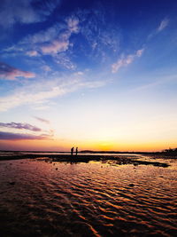 Silhouette people on beach against sky during sunset