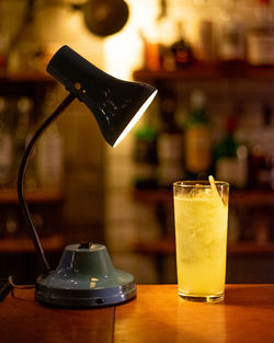 Close-up of beer glass on table