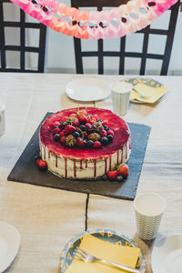 High angle view of cake on table