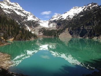 Scenic view of lake and mountains against sky