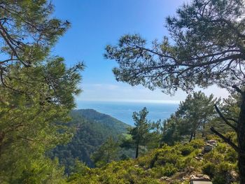 Scenic view of sea and mountains against sky