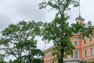 Low angle view of trees and building against sky