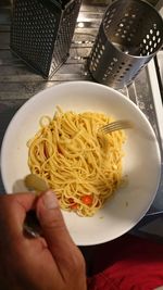 High angle view of pasta in plate