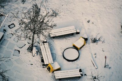 High angle view of snow covered field