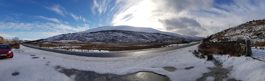 Panoramic view of snowcapped mountains against sky