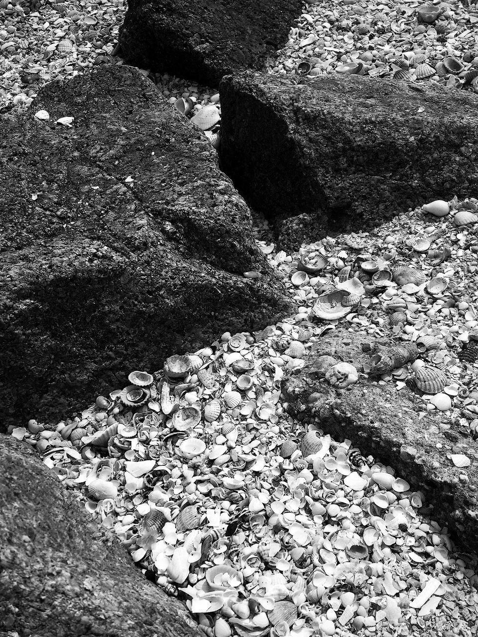 HIGH ANGLE VIEW OF STONES AT SHORE