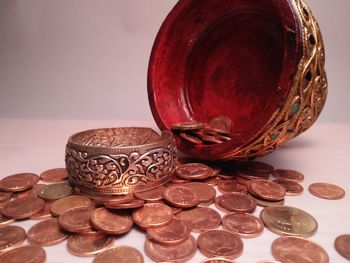 Close-up of coins on table