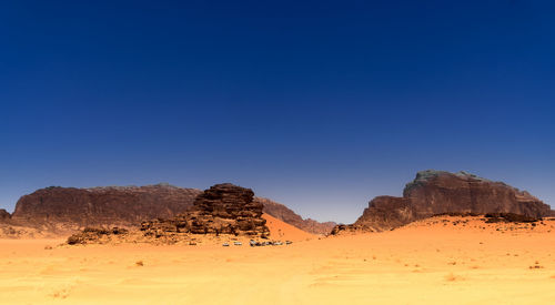 Scenic view of desert against clear blue sky