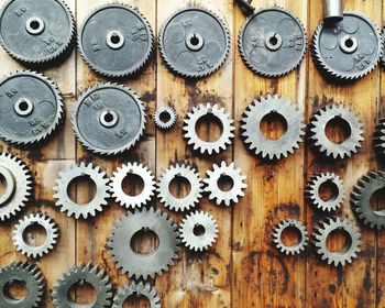 Directly above view of metallic gears on table