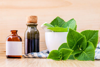 Close-up of herbs with mortar and pestle by bottles on table