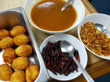 High angle view of food in bowl on table