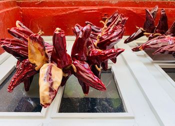 Close-up of red chili peppers at market