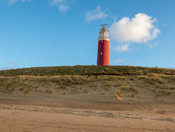 Lighthouse on beach against sky