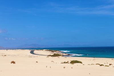 Scenic view of beach against blue sky