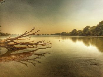 Scenic view of lake at sunset