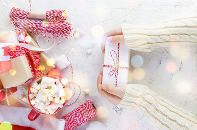 High angle view of christmas decorations on table