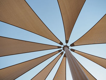 Directly below shot of built structure against clear blue sky