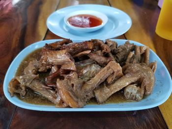 High angle view of food in plate on table
