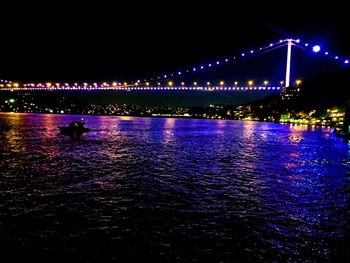 Illuminated bridge over river at night