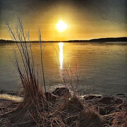 Scenic view of lake against sky at sunset