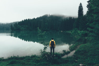 Rear view of man standing by obersee lake