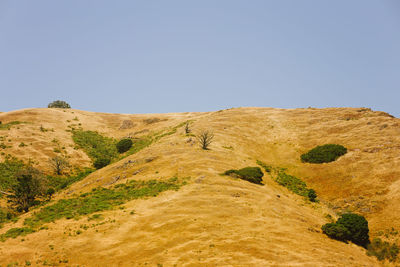 Low angle view of land against clear blue sky