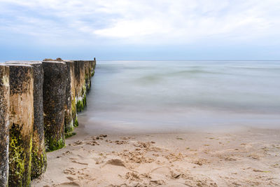 Wooden breakwater covered with moss, arranged in a row at sea, long exposure time, blurred sea waves