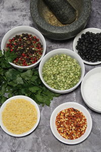 High angle view of vegetables in bowl on table