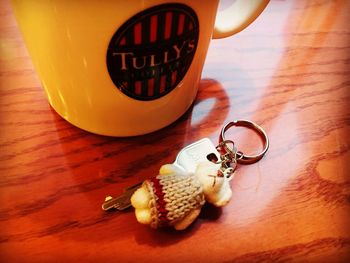 High angle view of text on wooden table