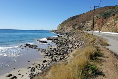 Scenic view of beach against clear sky