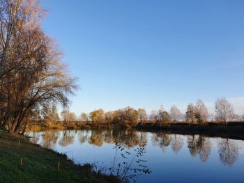 Scenic view of lake against clear blue sky