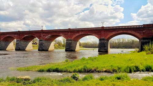 Arch bridge over river against sky