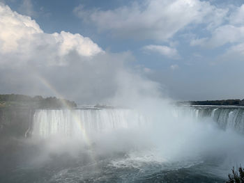 Scenic view of waterfall against cloudy sky